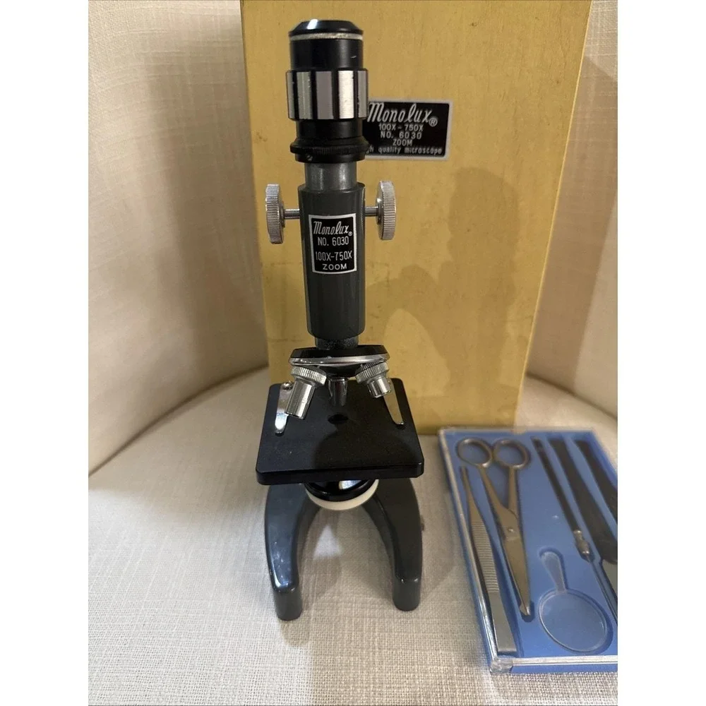 Vintage Monolux No. 6030‎ Microscope Kit 100x–750x Japan Wood Case READ
